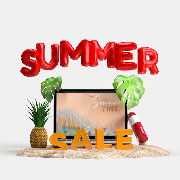 PSD laptop met decoratieve strandvoorwerpen. mockup voor zomerverkoopconcept