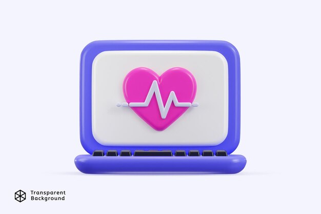 PSD laptop met roze hart op witte pulslijn icoon 3d rendering vector illustratie