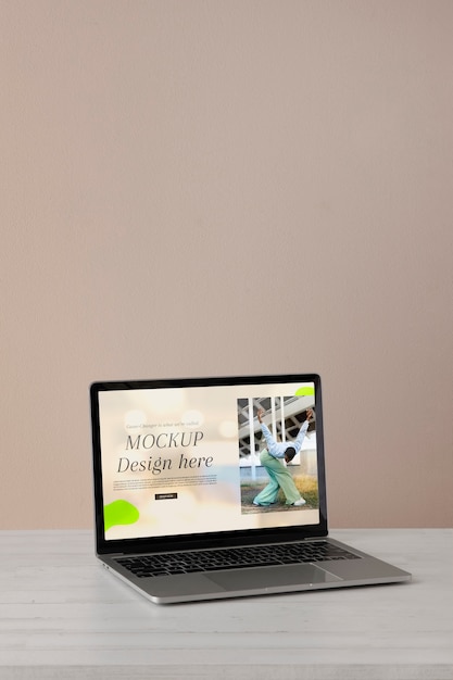 laptop mock-up with wooden furniture scene
