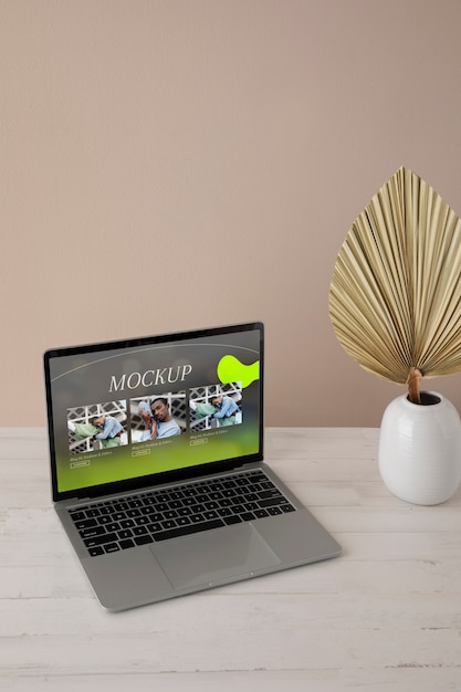 laptop mock-up with wooden furniture scene