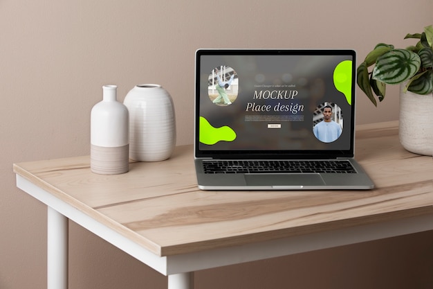 Laptop mock-up with wooden furniture scene