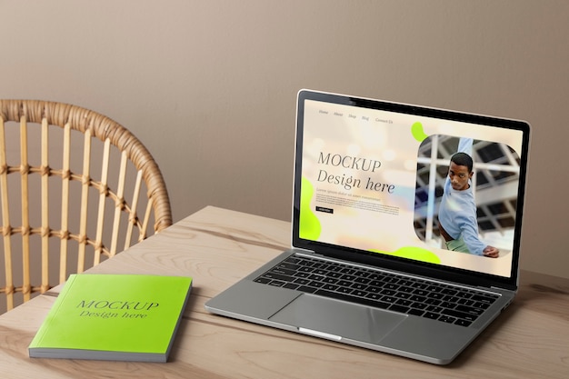 PSD laptop mock-up with wooden furniture scene