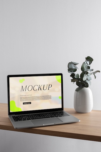 laptop mock-up with wooden furniture scene