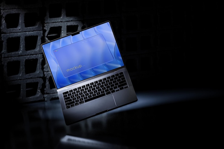 PSD laptop mockup on abstract concrete background 3d render