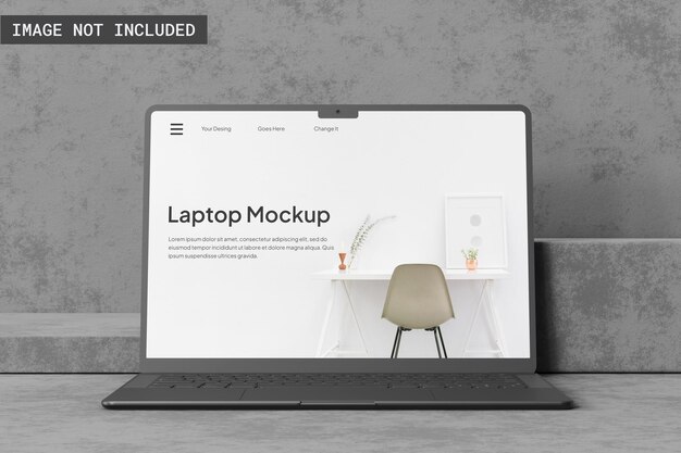 PSD laptop mockup on the conrete floor front angle view