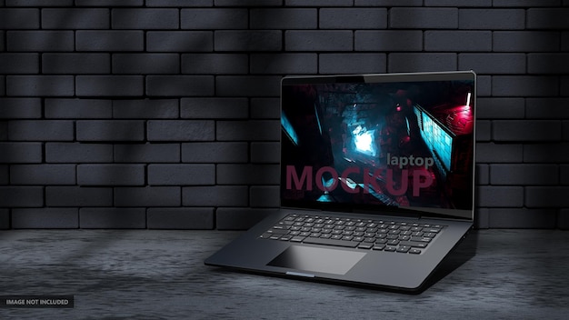 Ноутбук MockUp передняя черная кирпичная стена тень дерева и окна Украсьте минималистский стиль