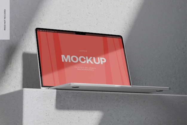 PSD laptop mockup, low angle view