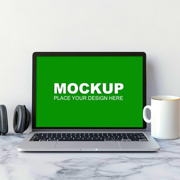 Laptop Mockup on a Marble Desk with Headphones and a Cup