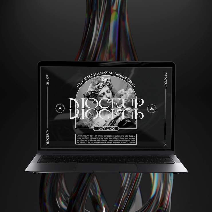PSD laptop mockup near glass object