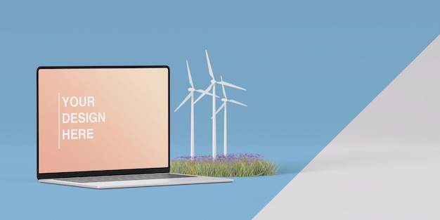 PSD laptop mockup near windmills and grass