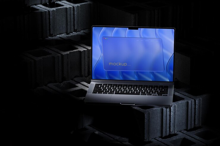 Laptop mockup op abstracte betonnen achtergrond 3D-rendering