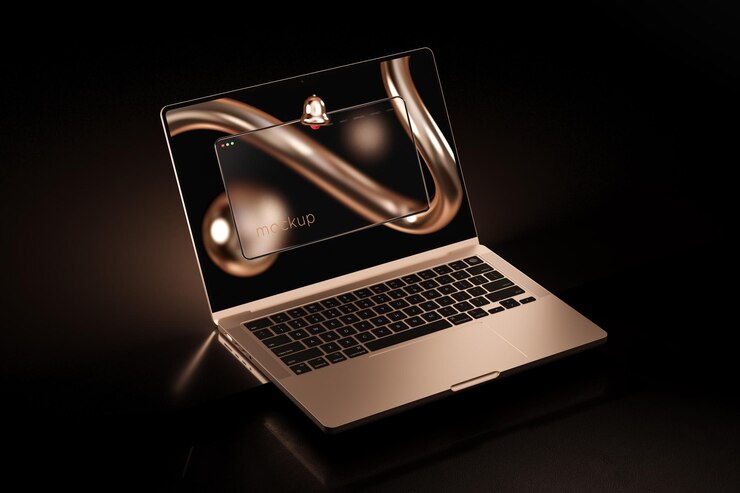 Laptop mockup op abstracte gouden achtergrond 3D-rendering