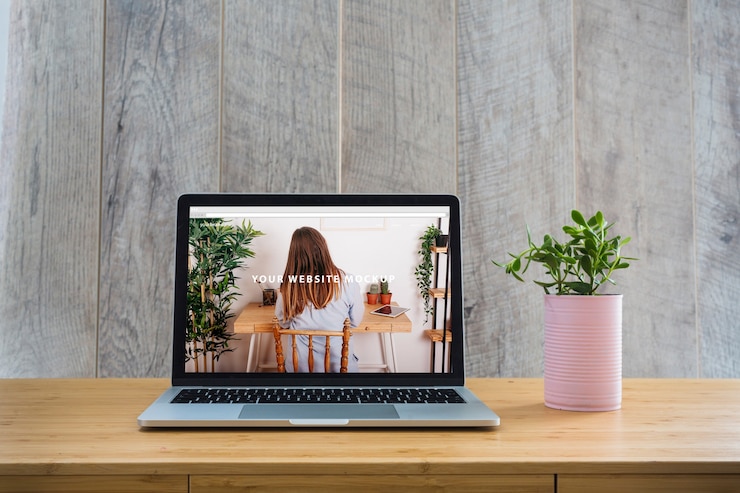 PSD laptop mockup on table with plants