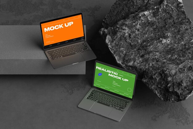 PSD laptop mockup with realistic stone and editable reflection effect