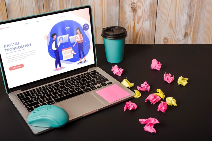 PSD laptop mockup with sticky notes