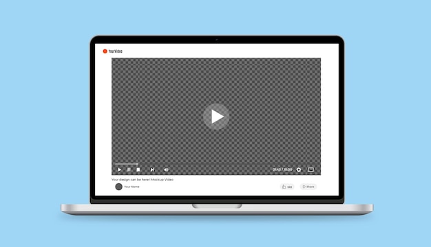 PSD laptop mockup with video player mockup on website