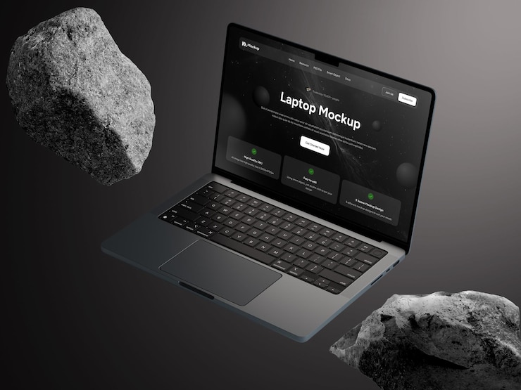 PSD laptop mockup with website interface on a dark background
