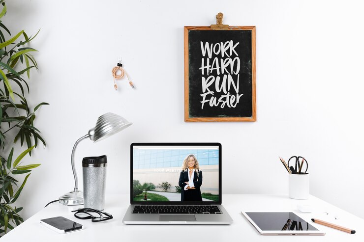 PSD laptop mockup with workspace composition