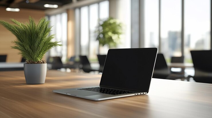 PSD laptop on modern office desk with plant