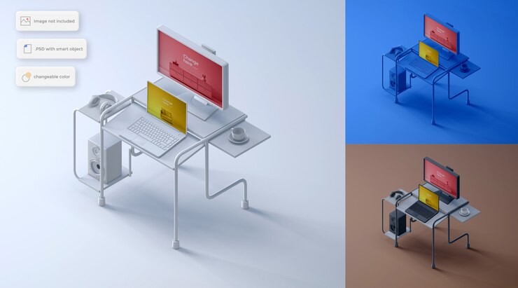 PSD laptop and monitor desk set up mockup