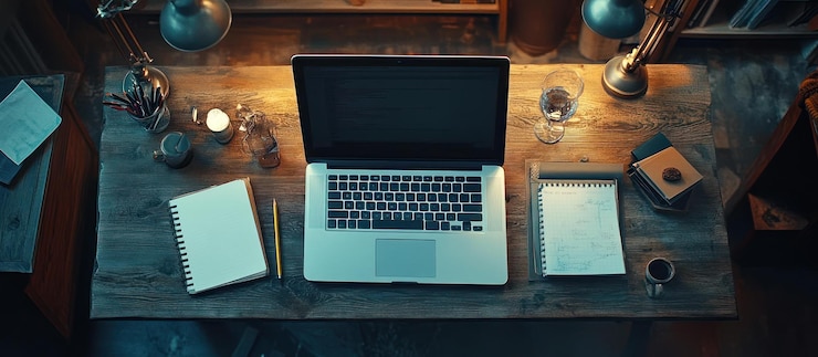 PSD a laptop notebooks and a glass of water are on a wooden desk under a lamp
