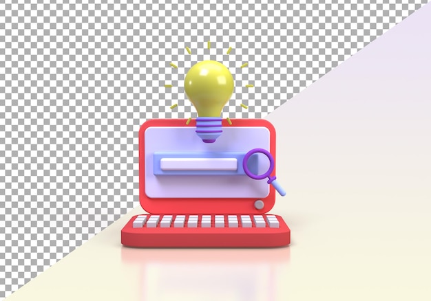 Laptop of computer en gele gloeilamp met zoekbalk afbeelding achtergrond 3D render pictogram voor bedrijfsidee