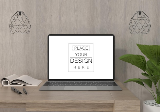 Laptop op bureau in werkruimte psd-mockup