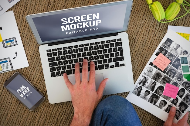 PSD laptop and phone screen photo mockup