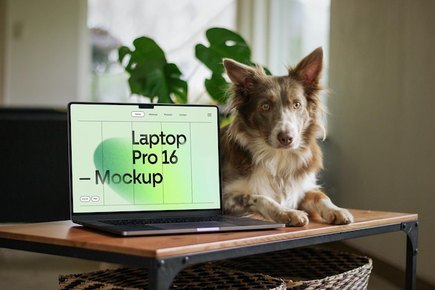 Laptop pro with doggy on table mockup