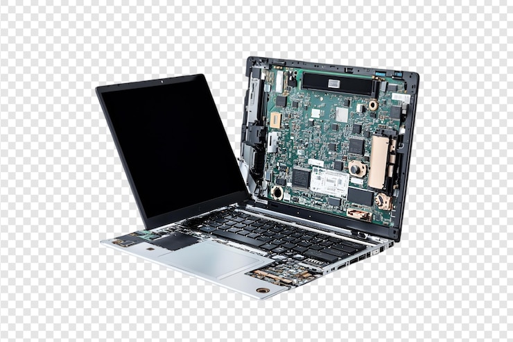PSD laptop repair display and motherboard isolated on a transparent background