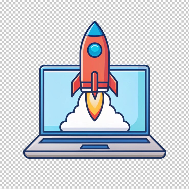 PSD laptop and rocket launch line icon colors on transparent background