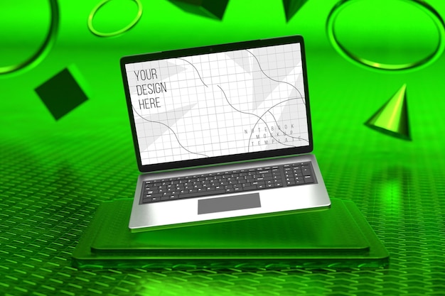 3dの幾何学的形状の背景を持つ正方形の台座の上のノートパソコンの画面のモックアップ