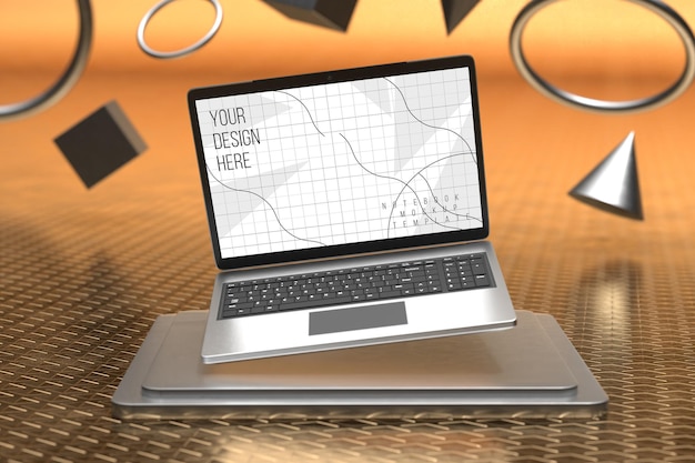 Modello dello schermo del computer portatile sopra il piedistallo quadrato con sfondo di forme geometriche 3d