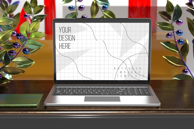 PSD laptop screen mockup above square pedestal with 3d geometric shapes background