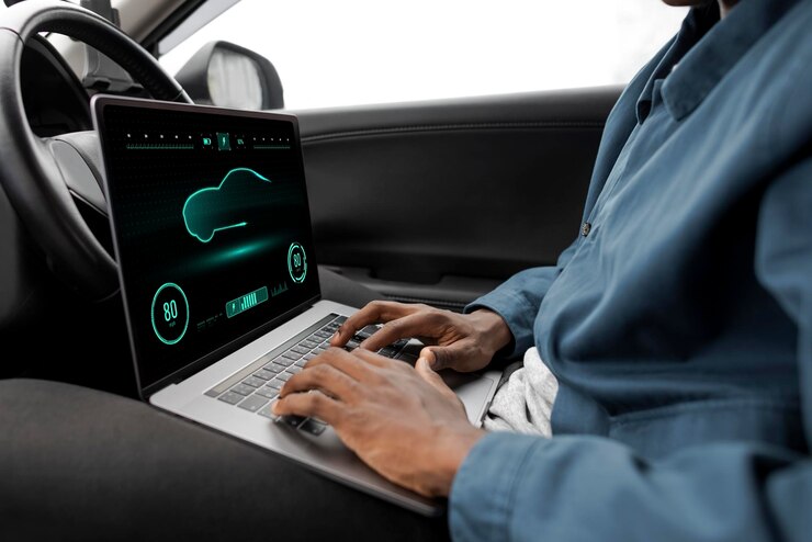 PSD laptop screen mockup with speedometer in a new self driving car psd