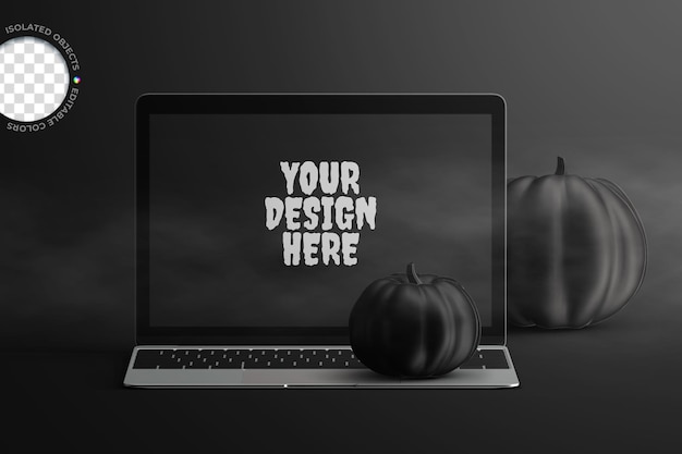 PSD laptop screen online promo sale mockup for halloween party concept with pumpkins isolated