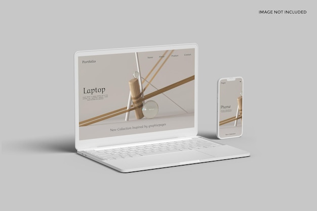 PSD laptop screen with smartphone clay mockup