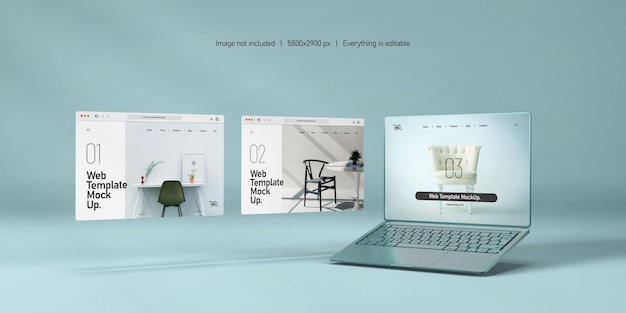 分離されたウェブサイトのプレゼンテーションのモックアップとノートパソコンの画面