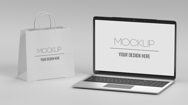 Laptop and shopping bag mockup