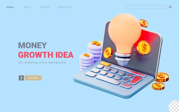 laptop sign with lightbulb dollar coin 3d render concept for money growth idea