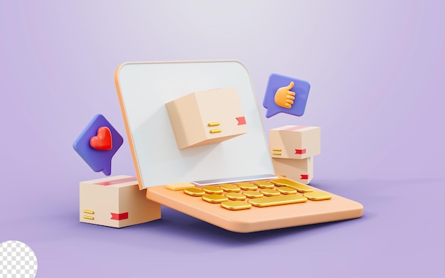 laptop sign with parcel box like love emoji 3d render concept for online product reviews feedback