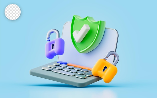 laptop sing with lock security shield checkmark 3d render concept for online password protect