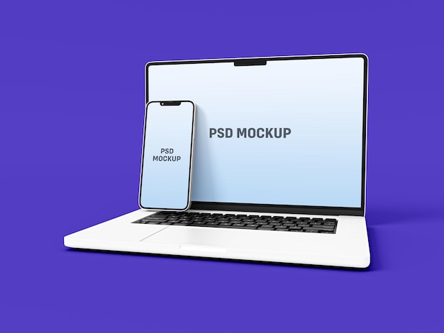 PSD mockup di laptop e smartphone a schermo intero in stile minimale per la pagina di destinazione del sito web dell'interfaccia utente e lo schermo dell'app