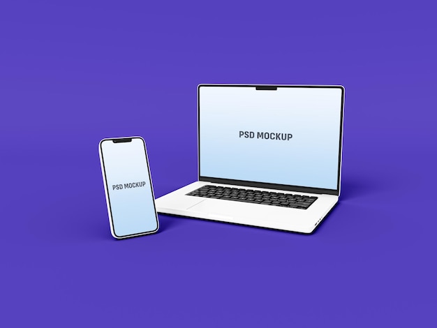 PSD laptop and smartphone mockup full screen in minimal style for ui website landing page and apps