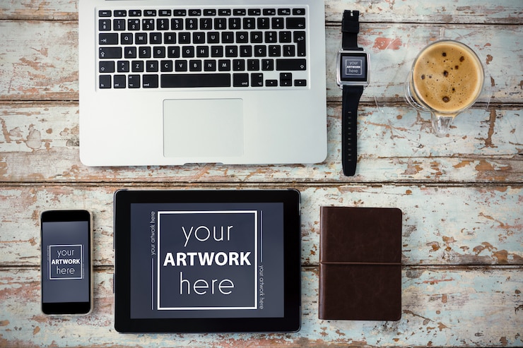 PSD laptop, smartwatch, smartphone and digital tablet with cup of coffee