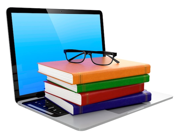 Laptop stack of books and glasses isolated on transparent background Electronic education concept