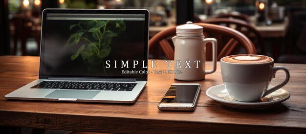 PSD 木製のテーブル上のラップトップタブレットとコーヒーカップ