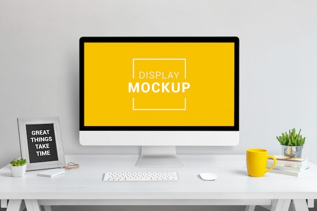 Laptop, tablet and phone mockup in office
