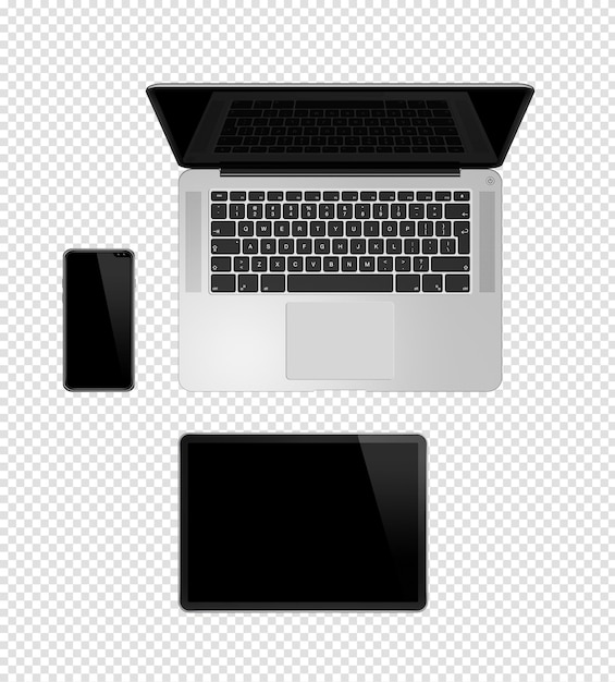 Laptop tablet and phone set mockup isolated on transparent background 3D render