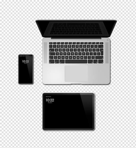 PSD laptop tablet en telefoon ingesteld mockup geïsoleerd op transparante achtergrond 3d renderen